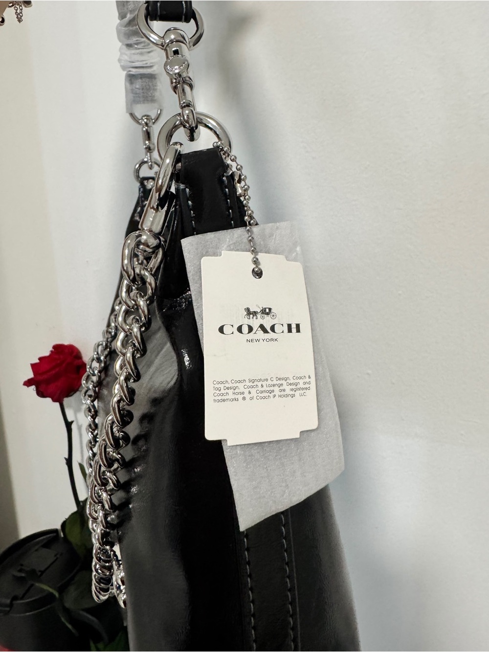 Coach Black Patent Crossbody with Silver Chain